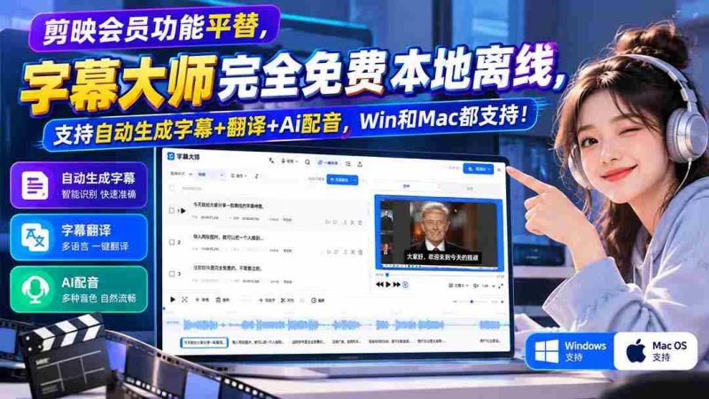 字幕大师免费版横空出世,剪映会员功能替代者,本地离线操作,自动字幕翻译AI配音,兼容Win与Mac系统!-一起发