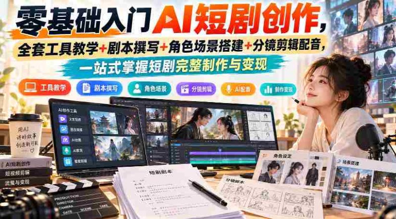 零基础入门AI短剧创作,全套工具教学+剧本撰写+角色场景搭建+分镜剪辑配音,一站式掌握短剧完整制作与变现-一起发