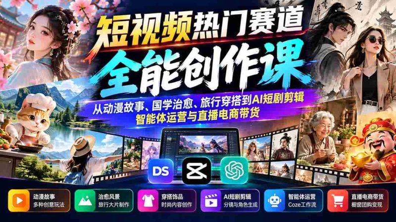 短视频爆款之路:涵盖动漫叙述、传统文化疗愈、旅游时尚搭配至AI剧集制作、智能助手运营及直播电商营销攻略-一起发