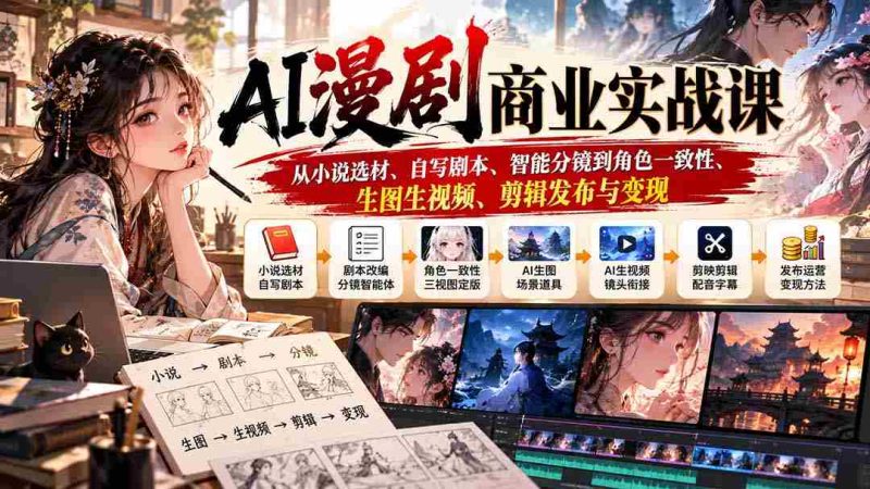 AI漫剧商业实战课:从小说选材、自写剧本、智能分镜到角色一致性、生图生视频、剪辑发布与变现-一起发