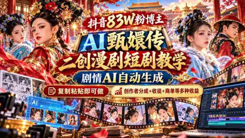 揭秘抖音百万粉丝创作者AI改编《甄嬛传》教程：剧情自动生成，轻松复制制作，多平台分成与收徒收益一网打尽-一起发
