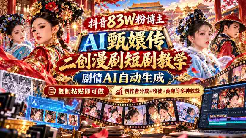 揭秘抖音百万粉丝创作者AI改编《甄嬛传》教程：剧情自动生成，轻松复制制作，多平台分成与收徒收益一网打尽-一起发