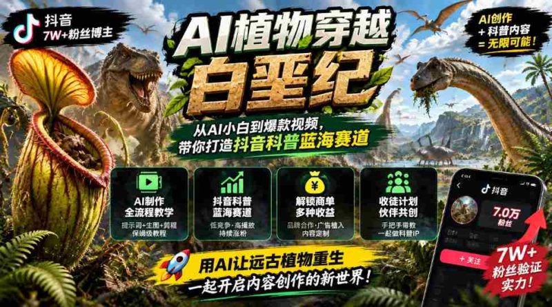 抖音达人引领AI植物穿越白垩纪之旅:科普新领域掘金,解锁多渠道盈利模式与学徒招募计划-一起发