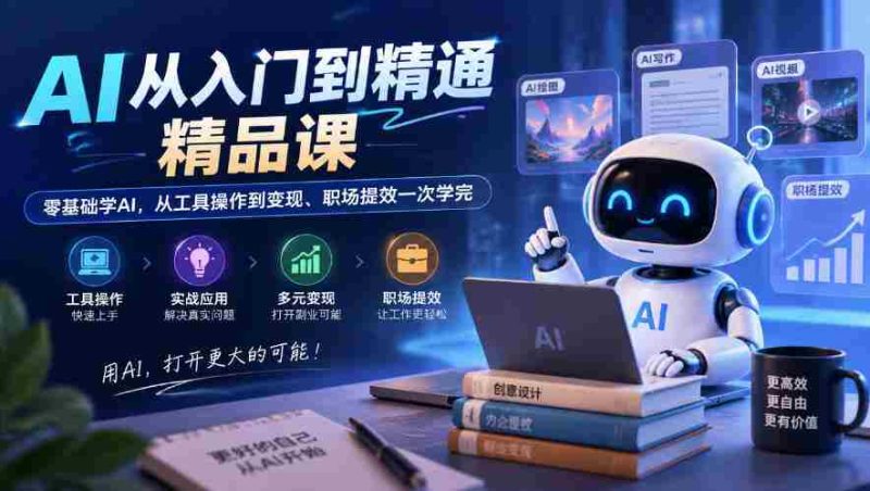 AI从入门到精通精品课,零基础学AI,从工具操作到变现、职场提效一次学完-一起发