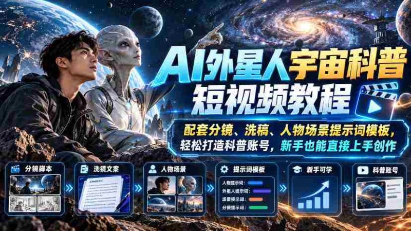 AI外星人宇宙科普短视频教程,配套分镜、洗稿、人物场景提示词模板,轻松打造科普账号,新手也能直接上手创作-一起发