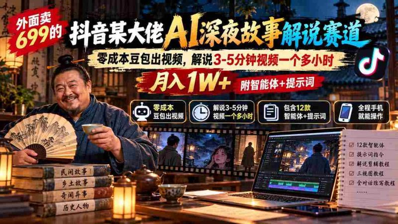 抖音红人AI深夜说书达人揭秘:699元成本打造3-5分钟视频,月入过万,智能助手与关键词一应俱全-一起发