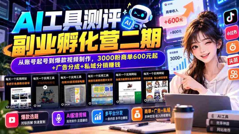 AI工具测评副业孵化营二期:从账号起号到爆款视频制作,3000粉商单600元起+广告分成+私域分销赚钱-一起发