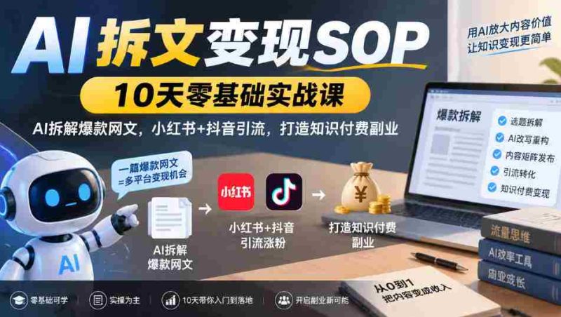 10天AI拆文变现指南:小白也能学的爆款网文拆解技巧,小红书抖音双平台引流,开启知识付费副业之路-一起发