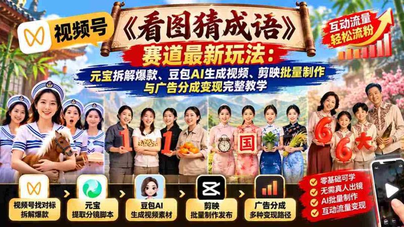 图语探秘:揭秘视频号“成语解码”新趋势,元宝拆解技巧、豆包AI制视频、剪映批量剪辑与广告盈利指南-一起发