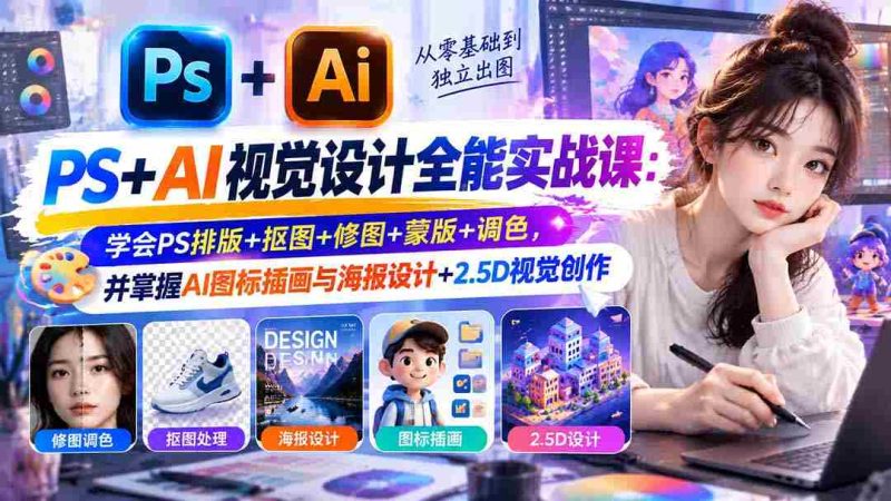 零基础精通】PS与AI视觉设计大师班:全面掌握PS排版技巧、抠图修图艺术,深度解析蒙版调色,同时解锁AI图标插画与海报制作、2.5D视觉创作秘密-一起发