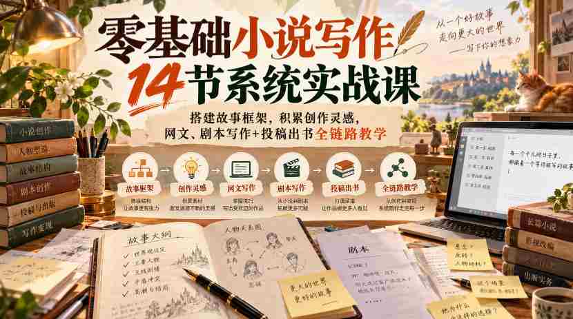 零基础小说写作14节系统实战课,搭建故事框架,积累创作灵感,网文、剧本写作+投稿出书全链路教学